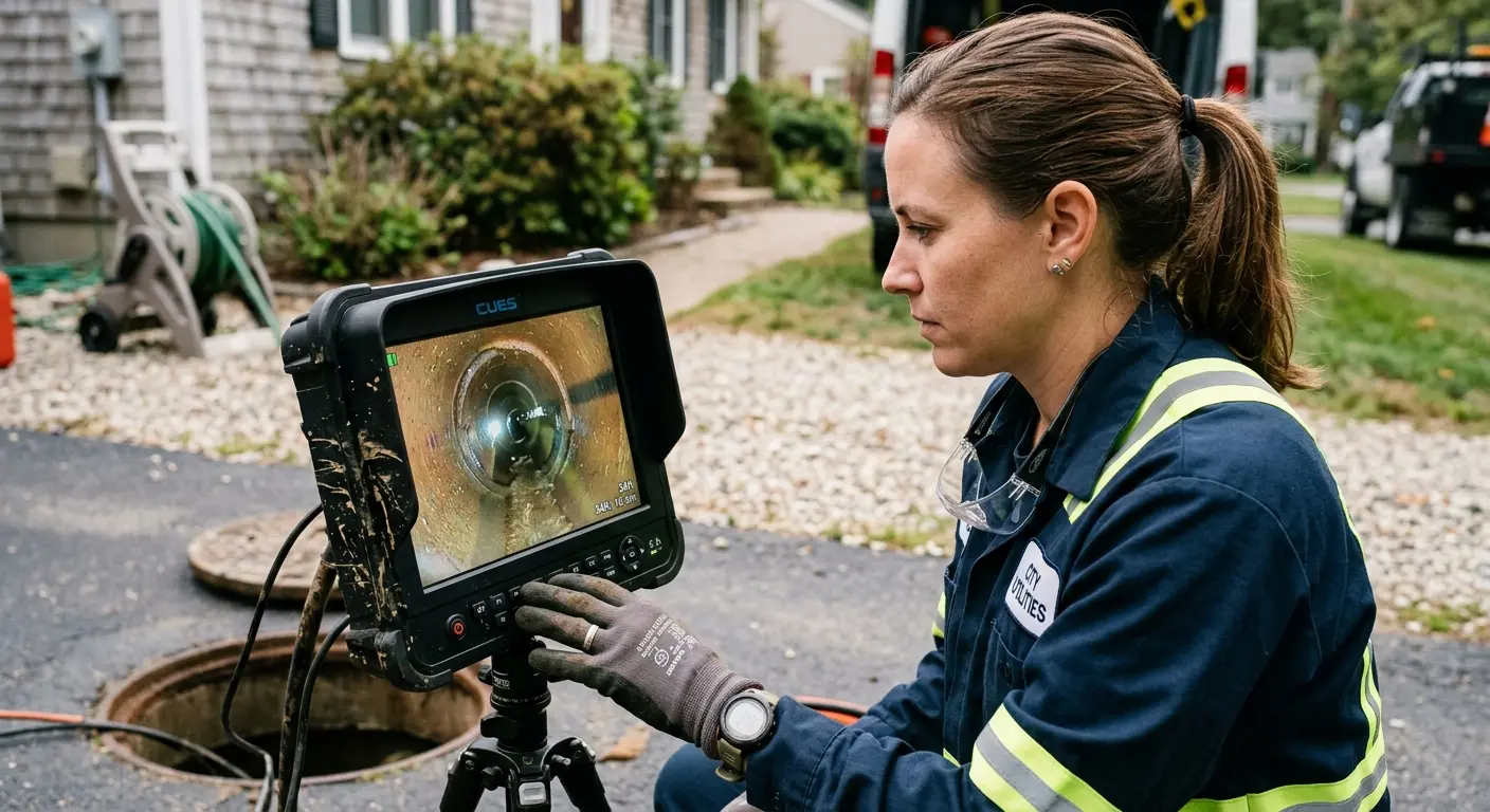 Technician reviewing sewer camera inspection footage in Holdenville