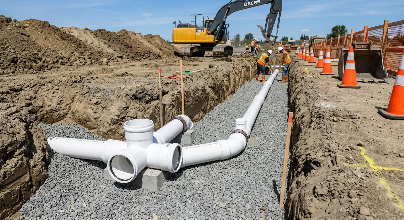 New PVC sewer pipe installation in open trench for Grease Trap Cleaning in Holdenville