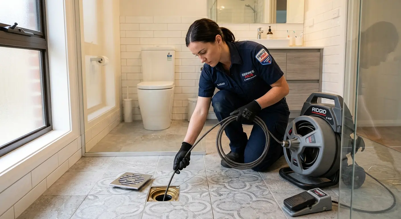 Technician clearing a bathroom floor drain for Sewer Line Installation in Holdenville
